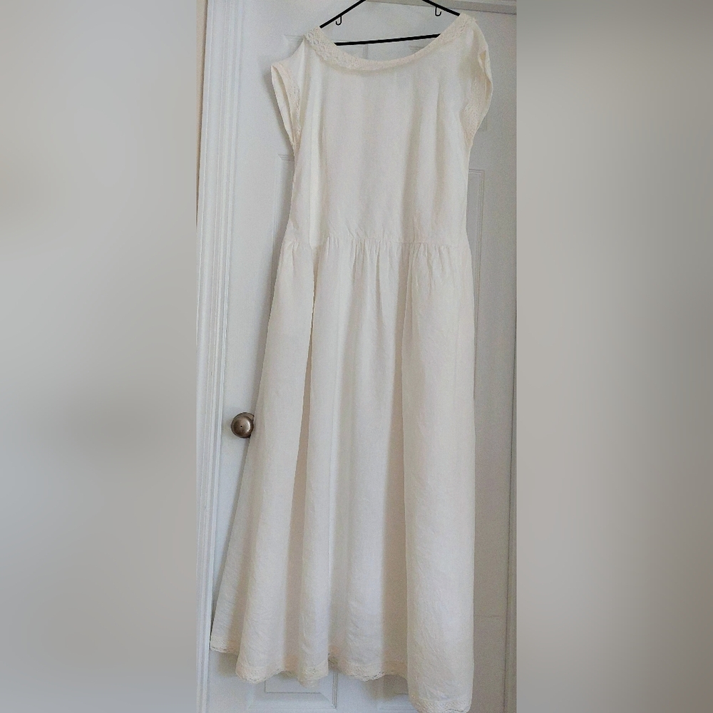 White Linen Bridal Maxi Dress With Lace Accents